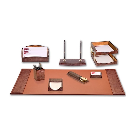 Dacasso Brown Crocodile Embossed Leather 10-Piece Desk Set DF-2020